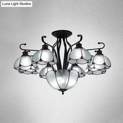 Mediterranean Scalloped Stained Glass Ceiling Lamp - 9 Heads Gray/White/Yellow Light - Semi Flush Mount Fixture