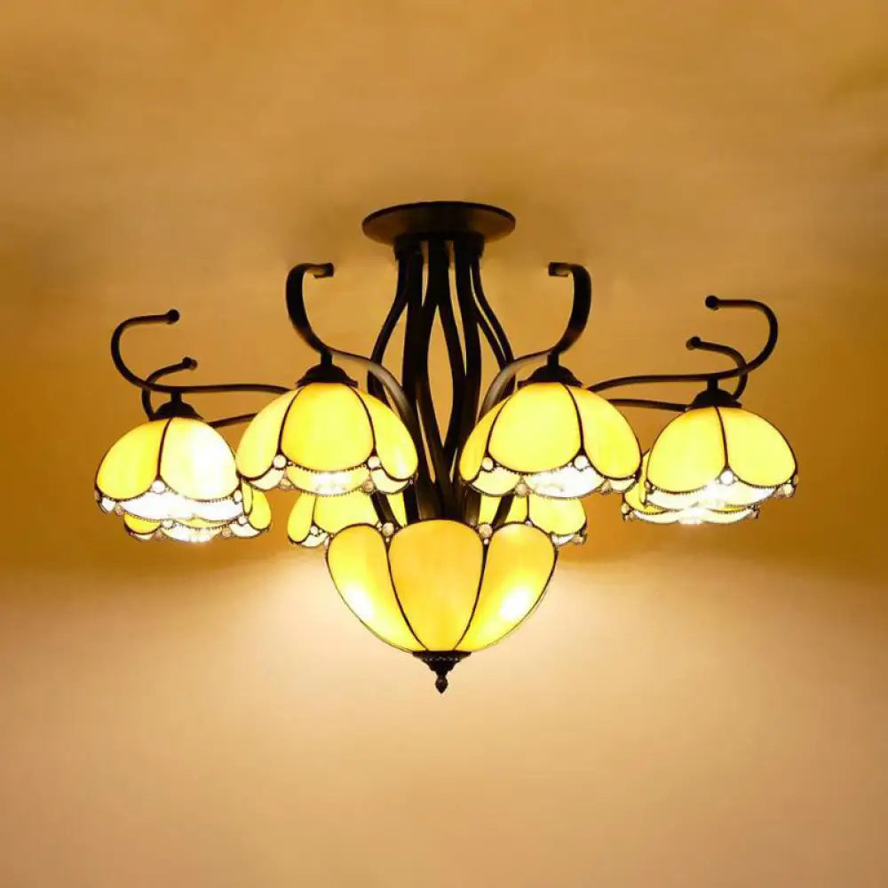 Mediterranean Scalloped Stained Glass Ceiling Lamp - 9 Heads Gray/White/Yellow Light - Semi Flush Mount Fixture