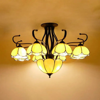 Mediterranean Scalloped Stained Glass Ceiling Lamp - 9 Heads Gray/White/Yellow Light - Semi Flush Mount Fixture