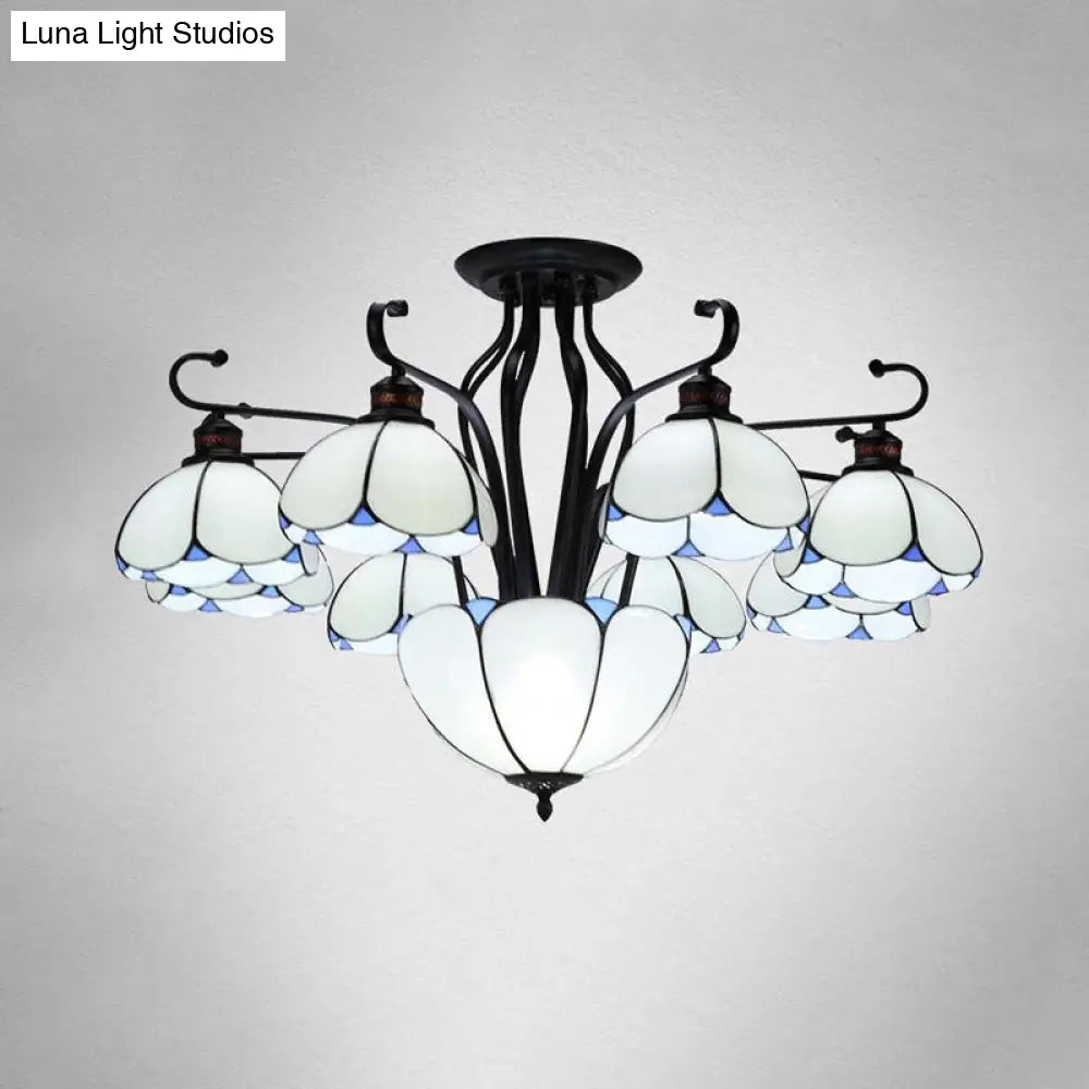 Mediterranean Scalloped Stained Glass Ceiling Lamp - 9 Heads Gray/White/Yellow Light - Semi Flush Mount Fixture