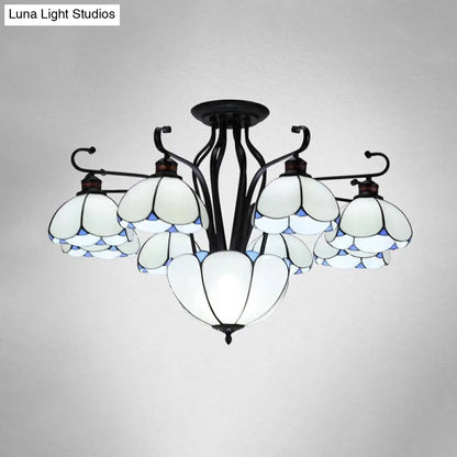 Mediterranean Scalloped Stained Glass Ceiling Lamp - 9 Heads Gray/White/Yellow Light - Semi Flush Mount Fixture