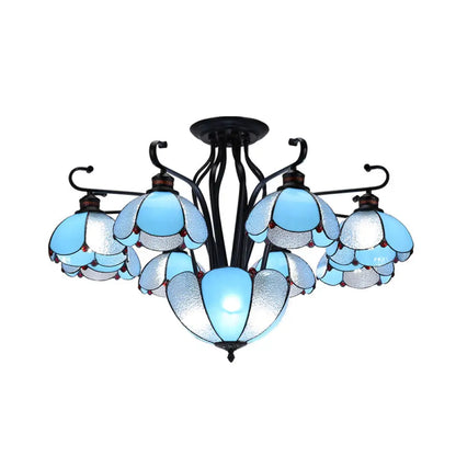 Mediterranean Scalloped Stained Glass Ceiling Lamp - 9 Heads Gray/White/Yellow Light - Semi Flush Mount Fixture