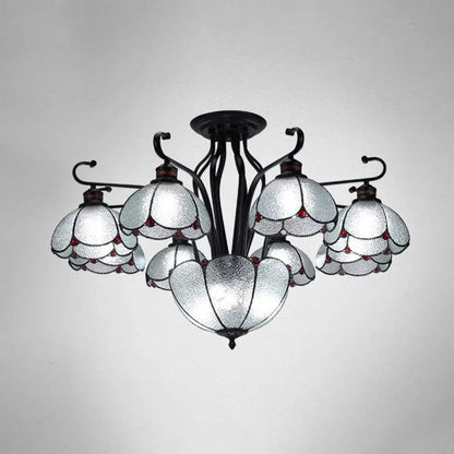 Mediterranean Scalloped Stained Glass Ceiling Lamp - 9 Heads Gray/White/Yellow Light - Semi Flush Mount Fixture