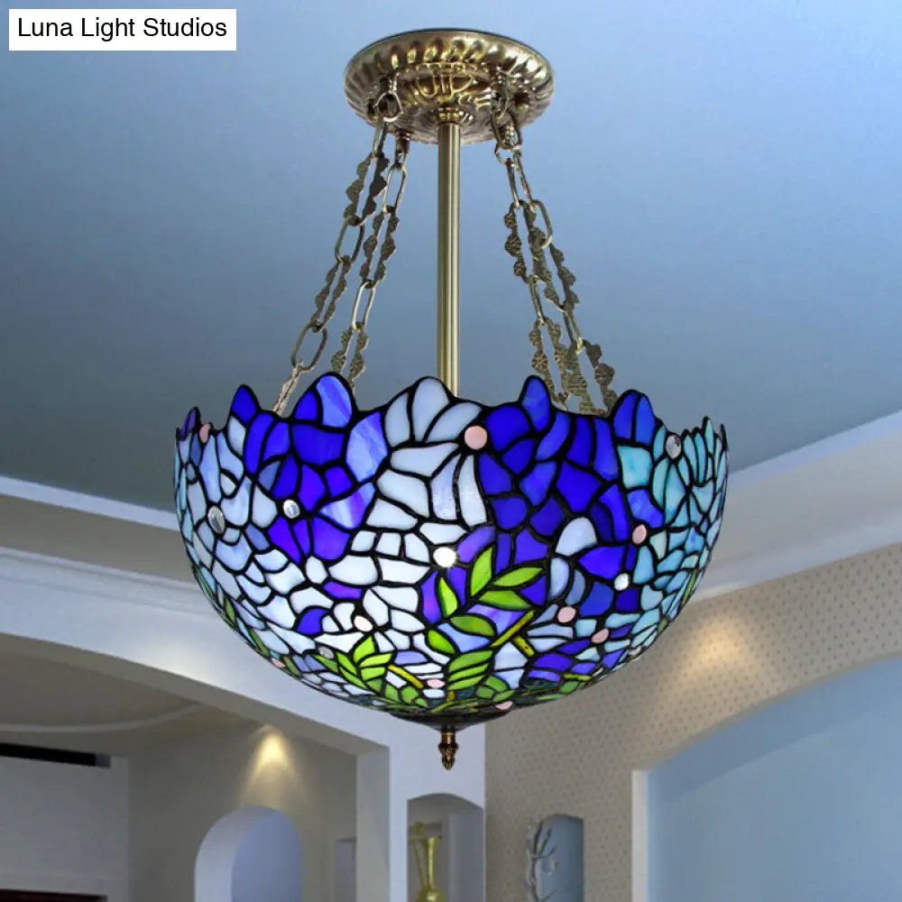 DecorBites™ Mediterranean Stained Glass 3-Headed Blue Semi-Flush Dome Ceiling Light