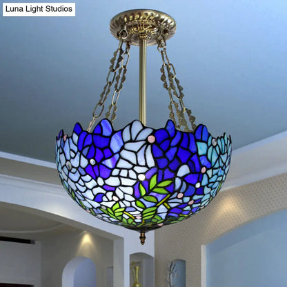 DecorBites™ Mediterranean Stained Glass 3-Headed Blue Semi-Flush Dome Ceiling Light