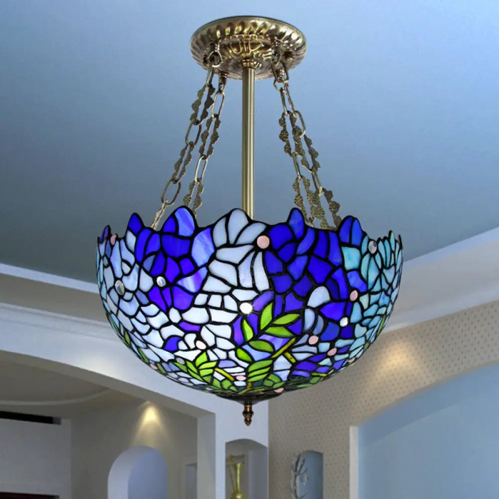 DecorBites™ Mediterranean Stained Glass 3-Headed Blue Semi-Flush Dome Ceiling Light