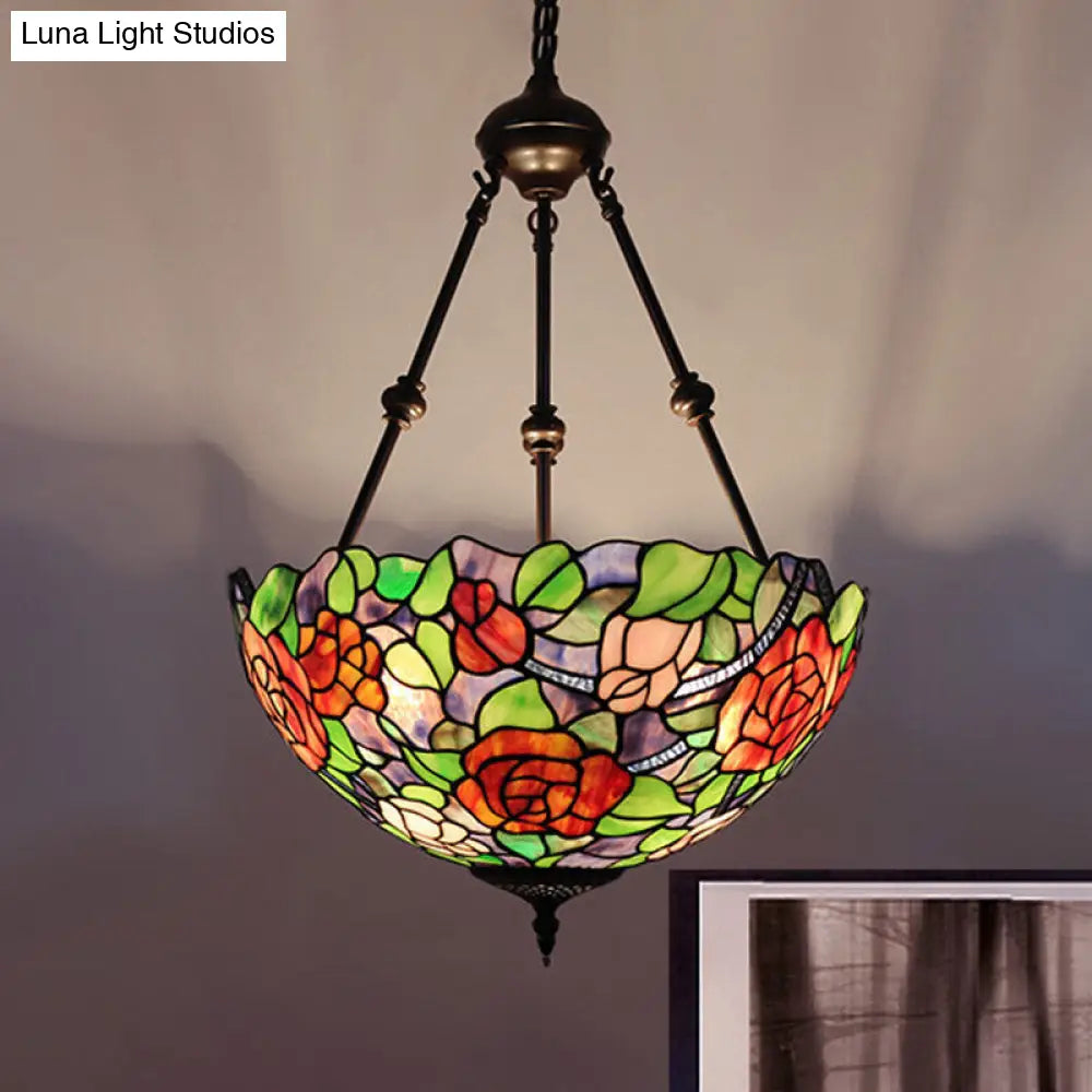 Mediterranean Stained Glass Bowl Ceiling Chandelier with 2 Red/Yellow/Green Pendant Lights