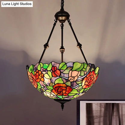 Mediterranean Stained Glass Bowl Ceiling Chandelier with 2 Red/Yellow/Green Pendant Lights