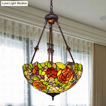 Mediterranean Stained Glass Bowl Ceiling Chandelier with 2 Red/Yellow/Green Pendant Lights