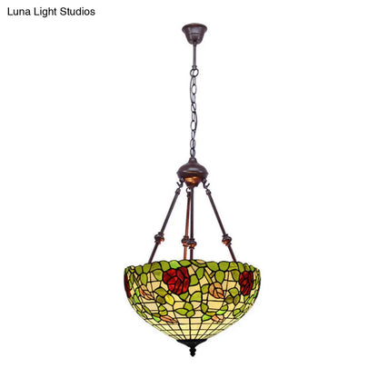 Mediterranean Stained Glass Bowl Ceiling Chandelier with 2 Red/Yellow/Green Pendant Lights