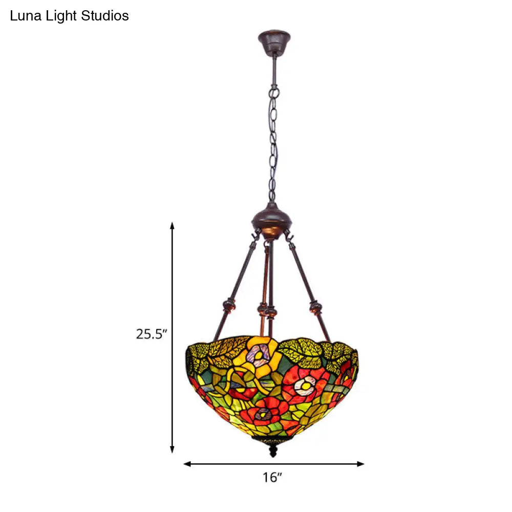 Mediterranean Stained Glass Bowl Ceiling Chandelier with 2 Red/Yellow/Green Pendant Lights