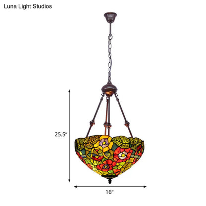 Mediterranean Stained Glass Bowl Ceiling Chandelier with 2 Red/Yellow/Green Pendant Lights