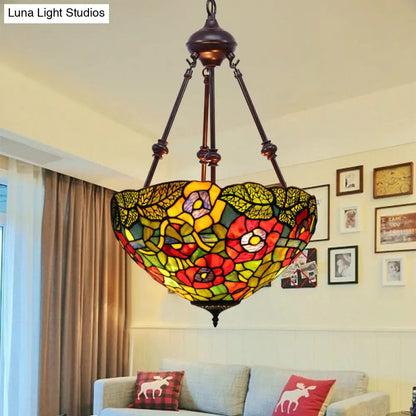 Mediterranean Stained Glass Bowl Ceiling Chandelier with 2 Red/Yellow/Green Pendant Lights