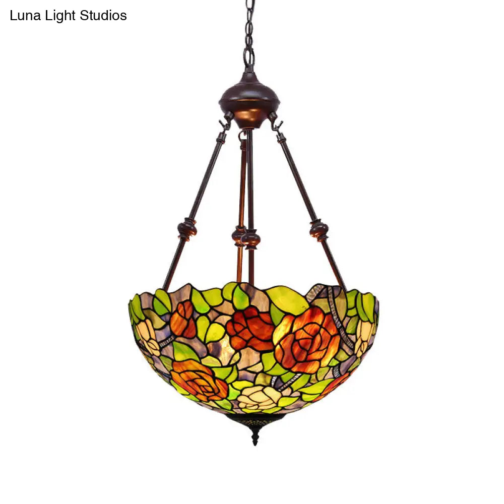 Mediterranean Stained Glass Bowl Ceiling Chandelier with 2 Red/Yellow/Green Pendant Lights