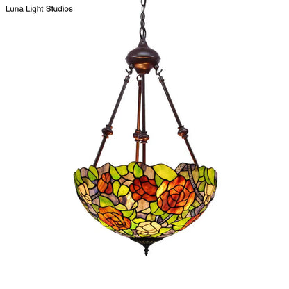 Mediterranean Stained Glass Bowl Ceiling Chandelier with 2 Red/Yellow/Green Pendant Lights