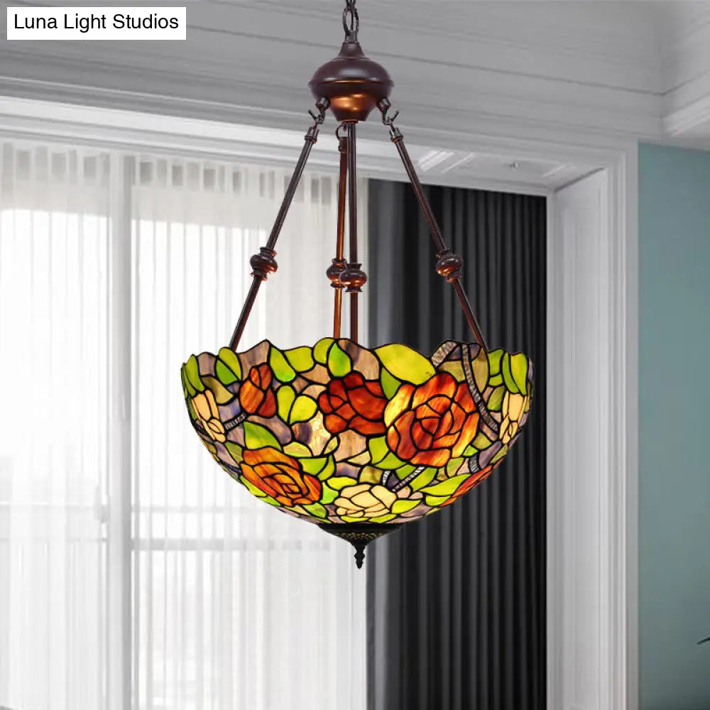 Mediterranean Stained Glass Bowl Ceiling Chandelier with 2 Red/Yellow/Green Pendant Lights