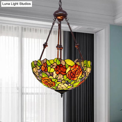 Mediterranean Stained Glass Bowl Ceiling Chandelier with 2 Red/Yellow/Green Pendant Lights