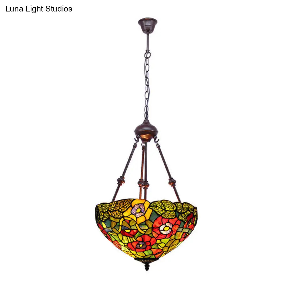 Mediterranean Stained Glass Bowl Ceiling Chandelier with 2 Red/Yellow/Green Pendant Lights