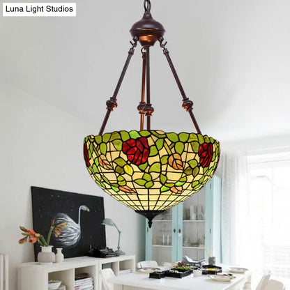 Mediterranean Stained Glass Bowl Ceiling Chandelier with 2 Red/Yellow/Green Pendant Lights
