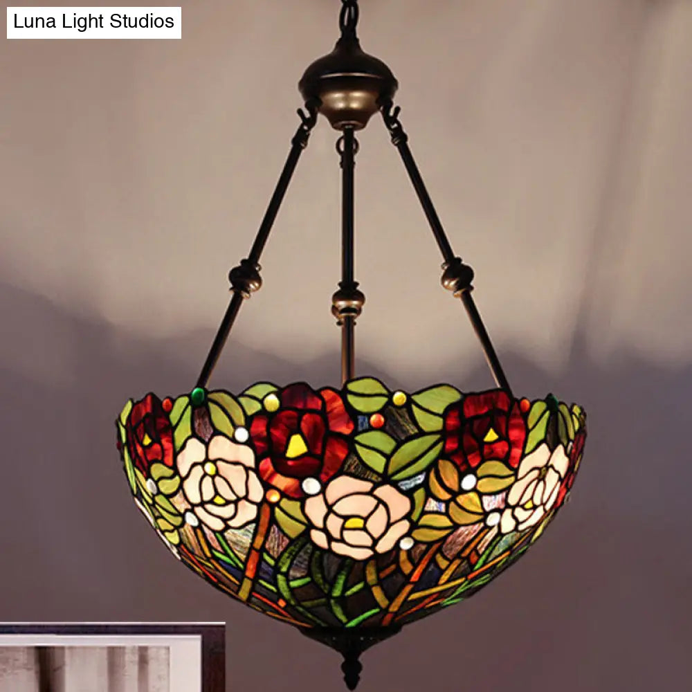 Mediterranean Stained Glass Bowl Ceiling Chandelier with 2 Red/Yellow/Green Pendant Lights