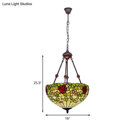 Mediterranean Stained Glass Bowl Ceiling Chandelier with 2 Red/Yellow/Green Pendant Lights