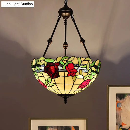 Mediterranean Stained Glass Bowl Ceiling Chandelier with 2 Red/Yellow/Green Pendant Lights