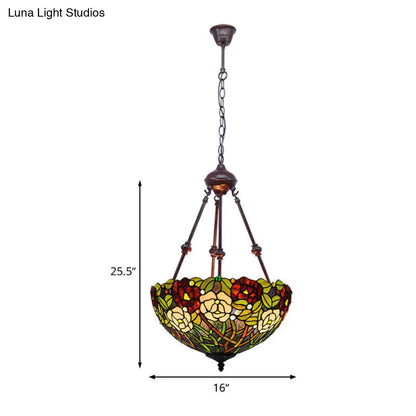 Mediterranean Stained Glass Bowl Ceiling Chandelier with 2 Red/Yellow/Green Pendant Lights