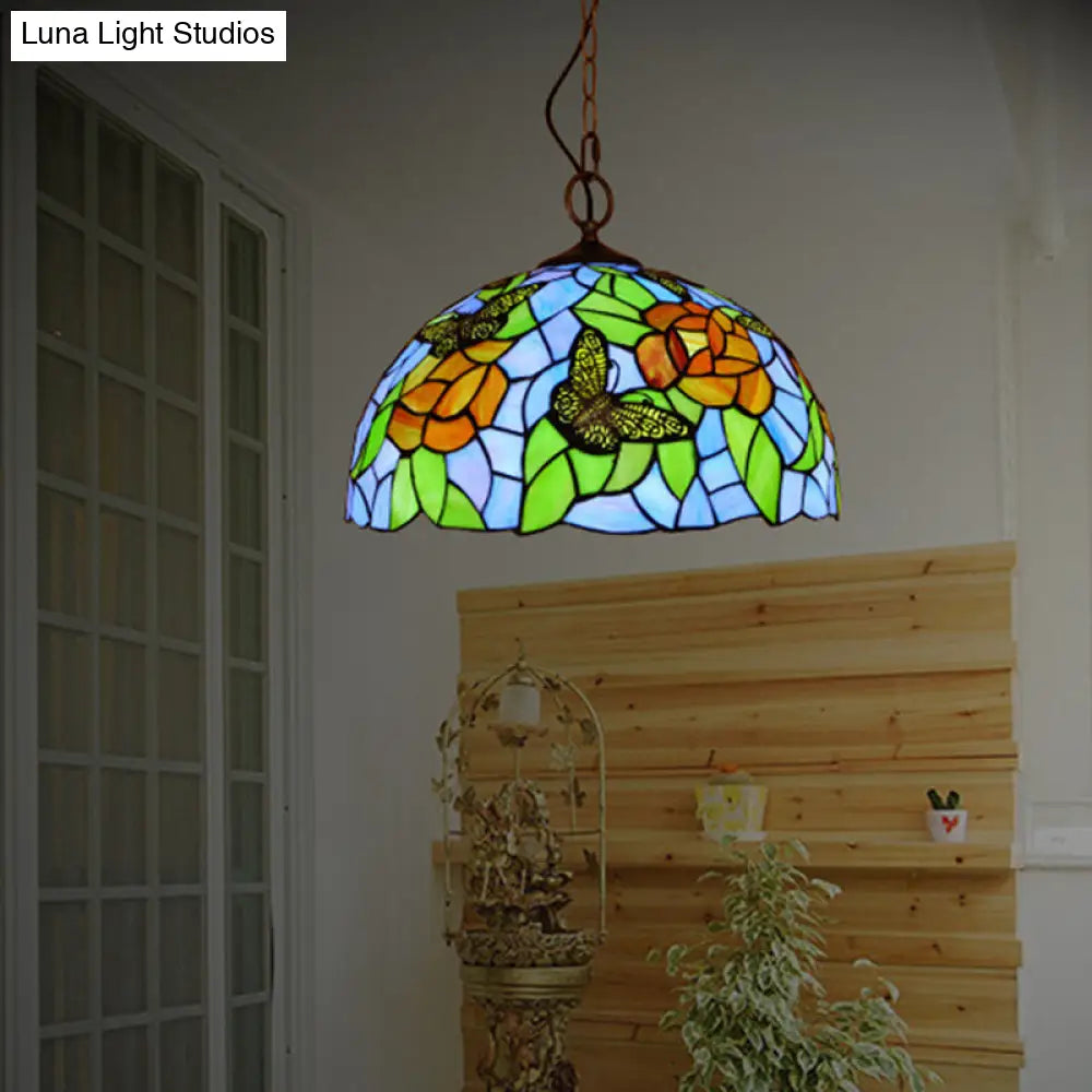 Mediterranean Stained Glass Butterfly Pendant Light: White/Red 1 Light Fixture - Hanging Lamp Kit