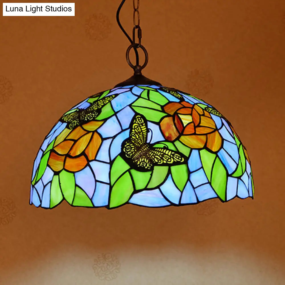 Mediterranean Stained Glass Butterfly Pendant Light: White/Red 1 Light Fixture - Hanging Lamp Kit