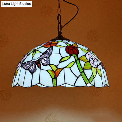 Mediterranean Stained Glass Butterfly Pendant Light: White/Red 1 Light Fixture - Hanging Lamp Kit