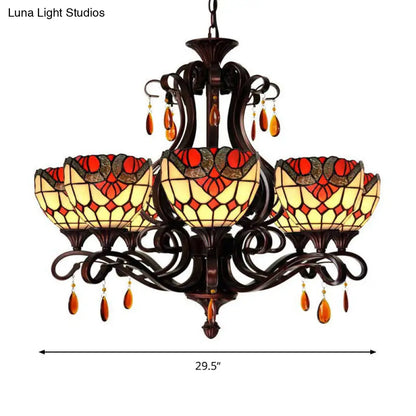 Mediterranean Stained Glass Chandelier - 6-Lights Red/Yellow/Blue Pendant with Crystal Droplet