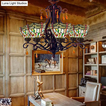 Mediterranean Stained Glass Chandelier - 6-Lights Red/Yellow/Blue Pendant with Crystal Droplet