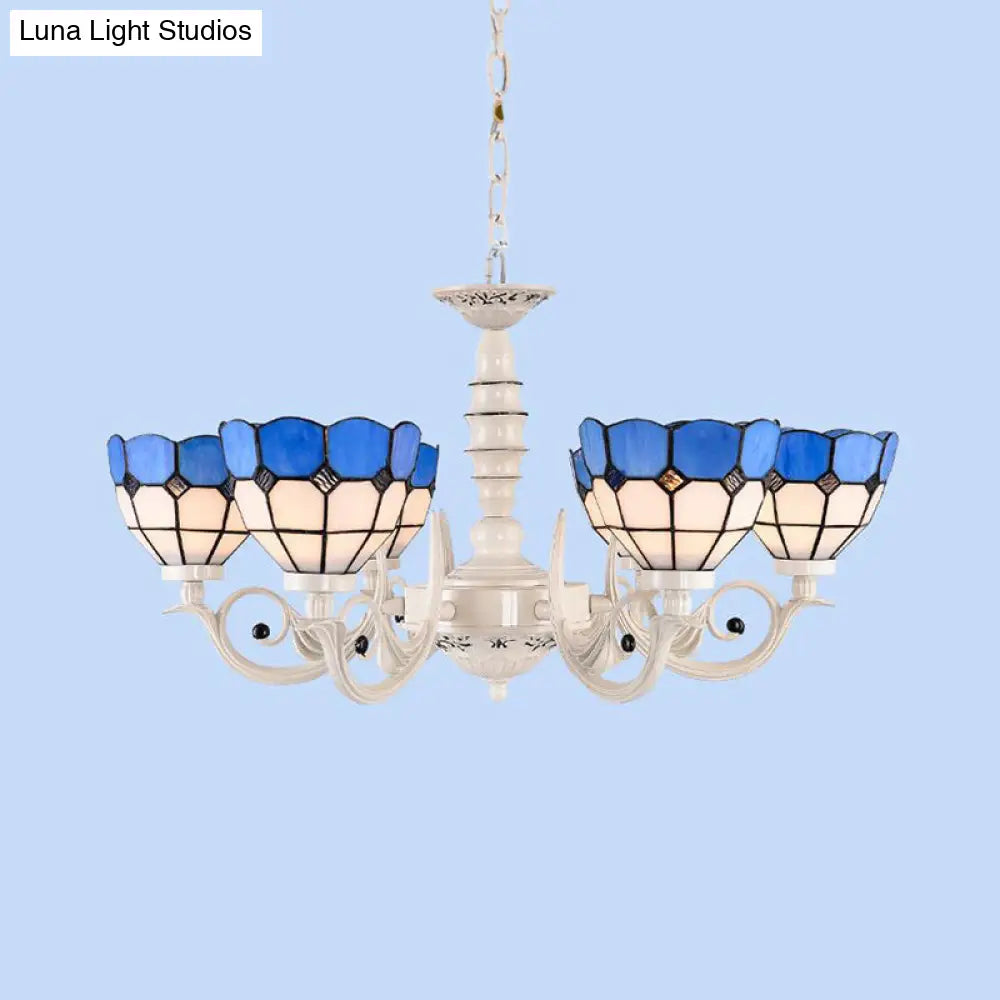 Mediterranean Stained Glass Dome Chandelier - 3/5/8 Light Pendant for Living Room in White