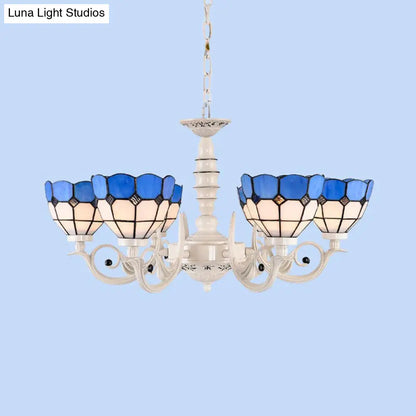 Mediterranean Stained Glass Dome Chandelier - 3/5/8 Light Pendant for Living Room in White