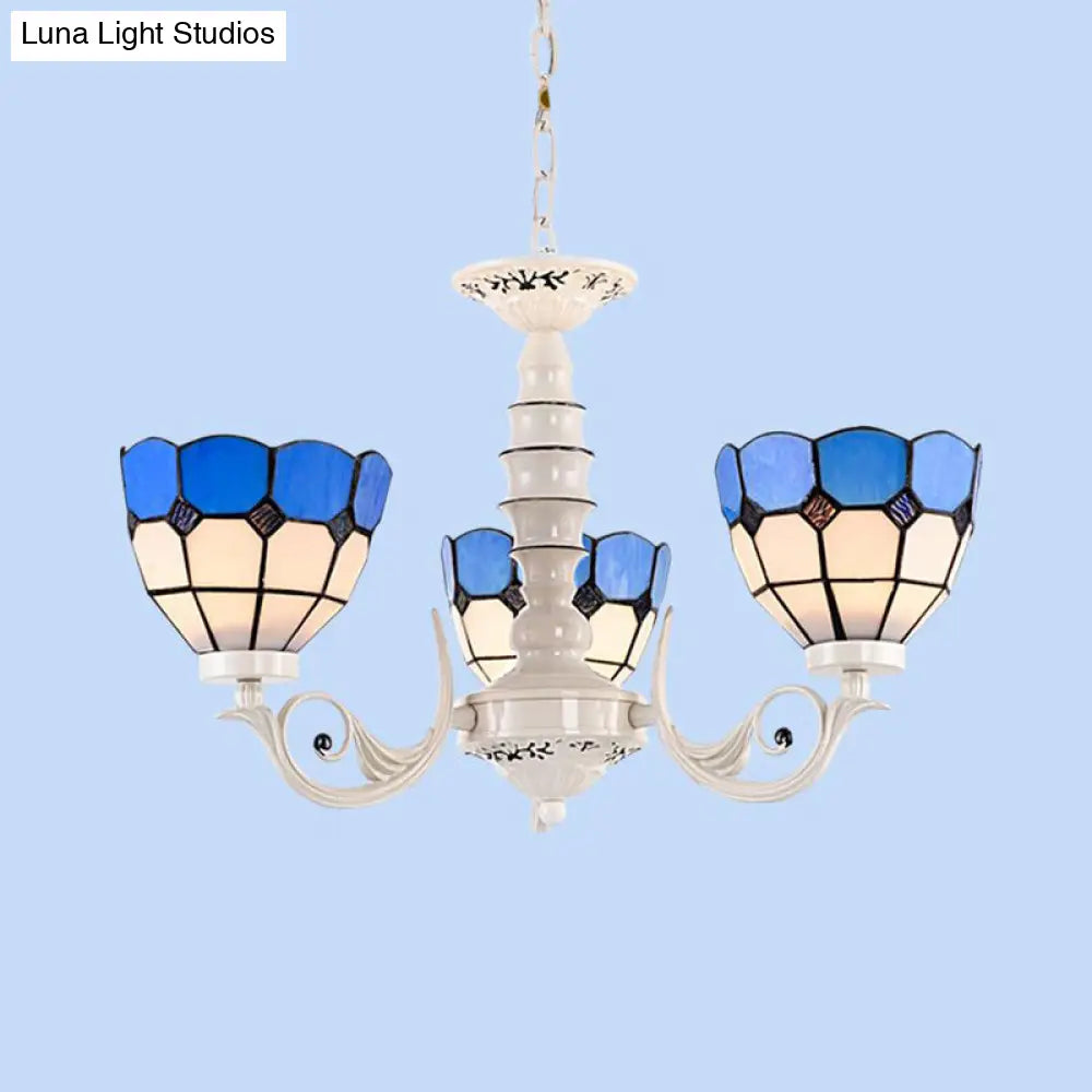 Mediterranean Stained Glass Dome Chandelier - 3/5/8 Light Pendant for Living Room in White