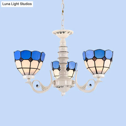 Mediterranean Stained Glass Dome Chandelier - 3/5/8 Light Pendant for Living Room in White