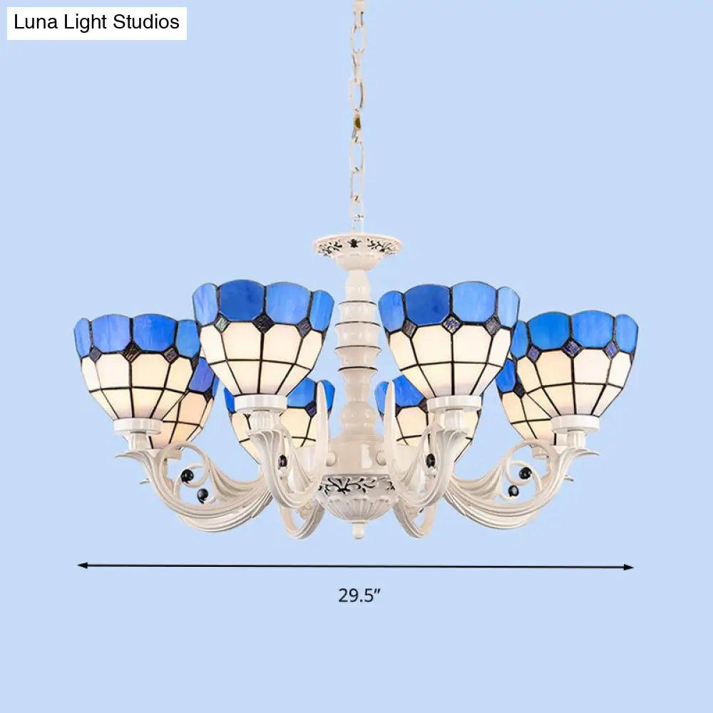 Mediterranean Stained Glass Dome Chandelier - 3/5/8 Light Pendant for Living Room in White
