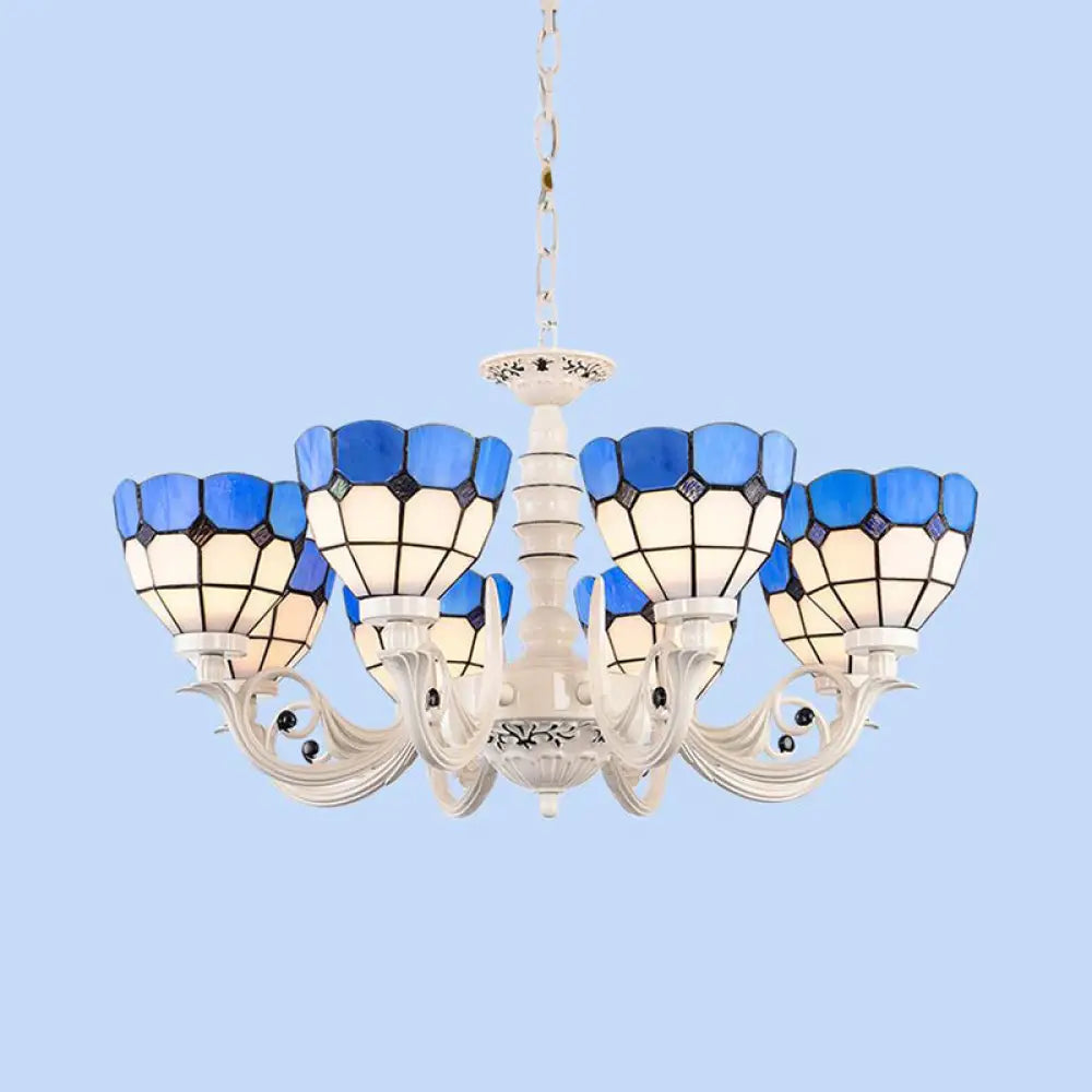 Mediterranean Stained Glass Dome Chandelier - 3/5/8 Light Pendant for Living Room in White