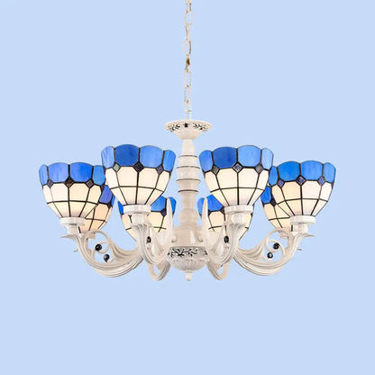Mediterranean Stained Glass Dome Chandelier - 3/5/8 Light Pendant for Living Room in White