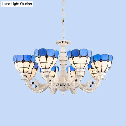 Mediterranean Stained Glass Dome Chandelier - 3/5/8 Light Pendant for Living Room in White