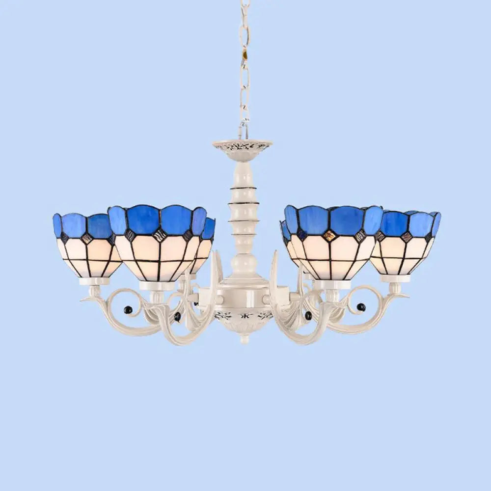 Mediterranean Stained Glass Dome Chandelier - 3/5/8 Light Pendant for Living Room in White