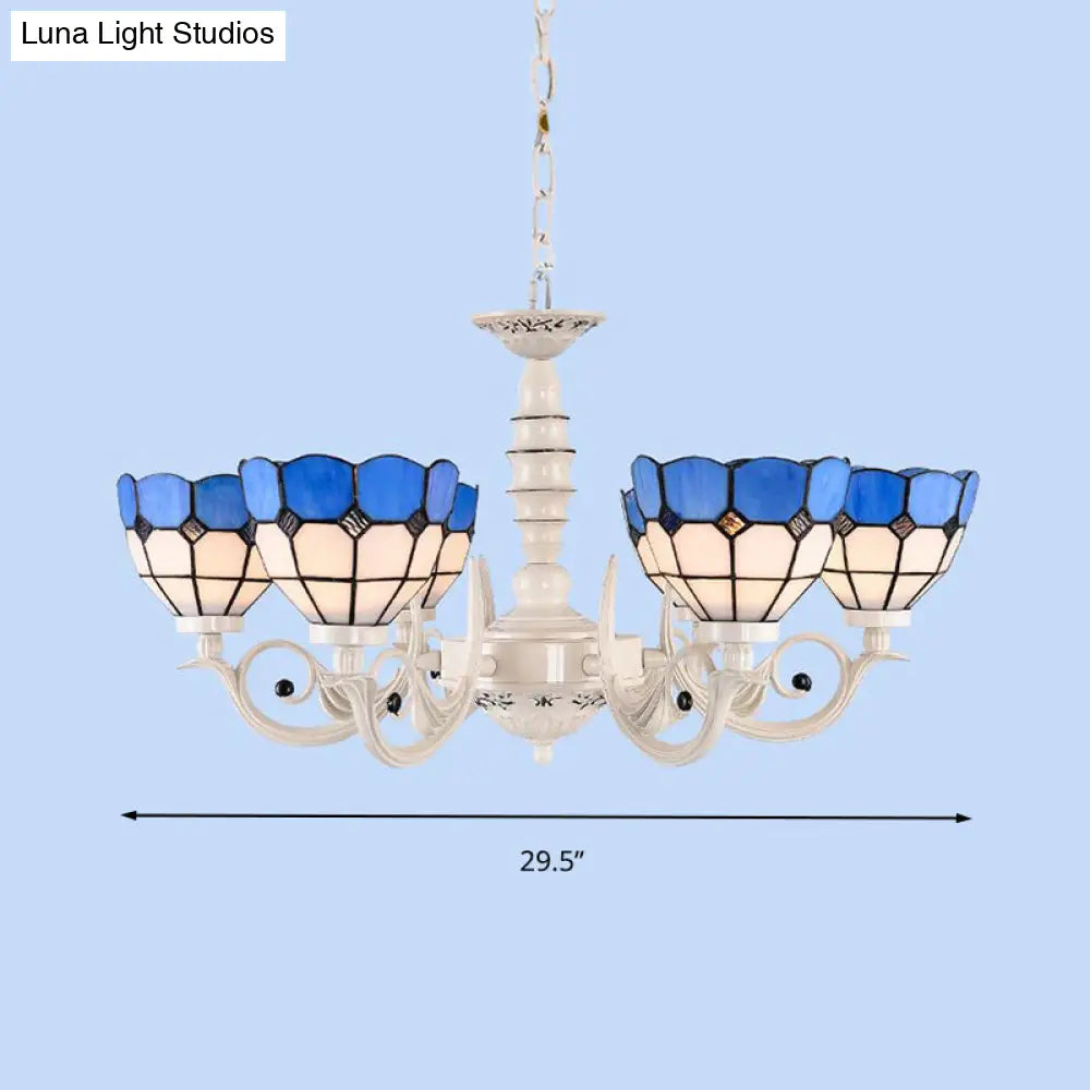 Mediterranean Stained Glass Dome Chandelier - 3/5/8 Light Pendant for Living Room in White