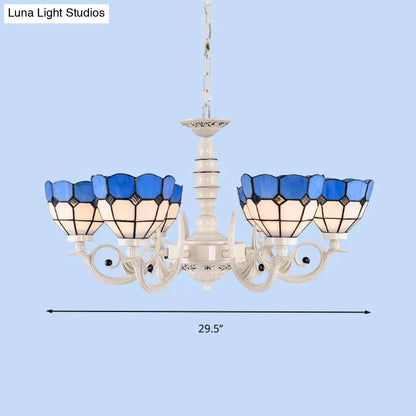 Mediterranean Stained Glass Dome Chandelier - 3/5/8 Light Pendant for Living Room in White
