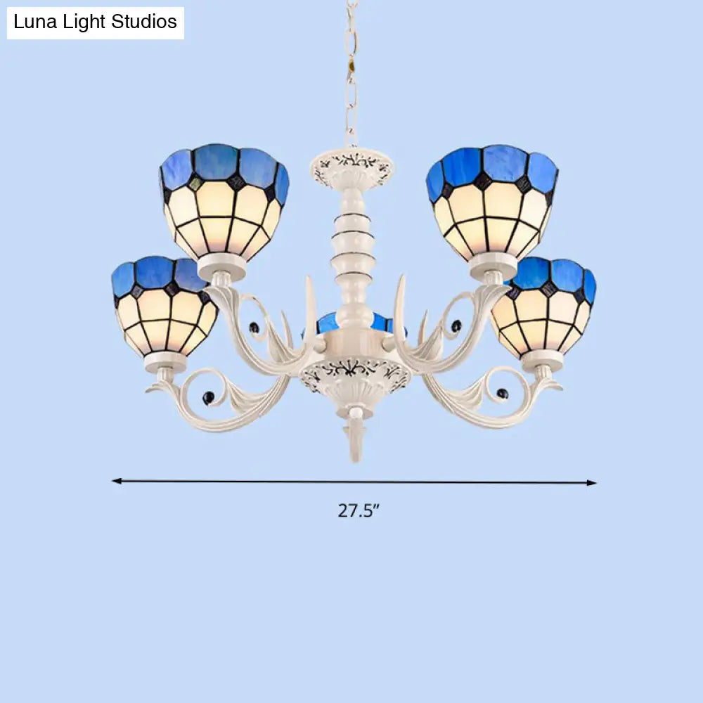 Mediterranean Stained Glass Dome Chandelier - 3/5/8 Light Pendant for Living Room in White