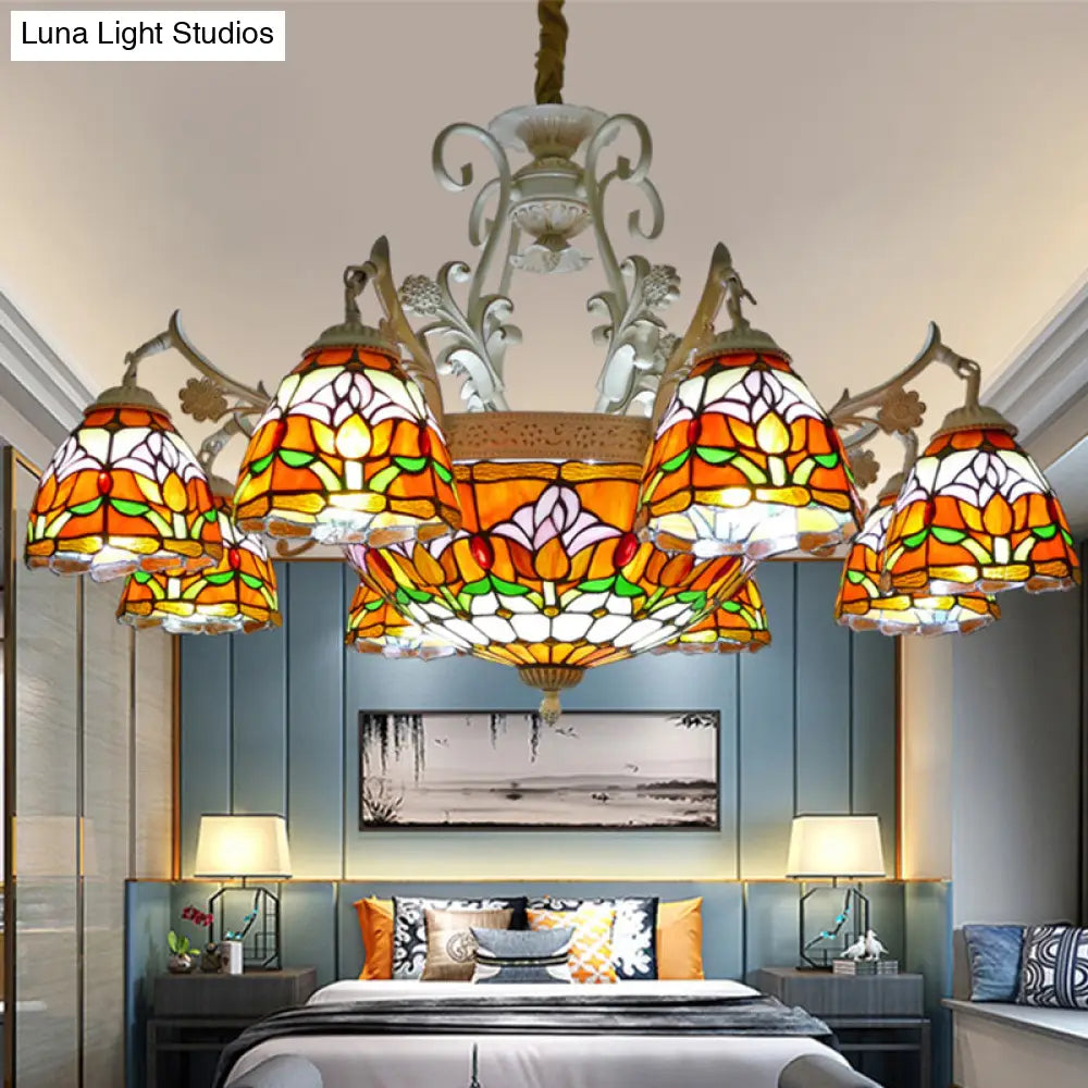 Mediterranean Stained Glass Dome Chandelier Pendant Light (9/11 Lights) in Distressed White