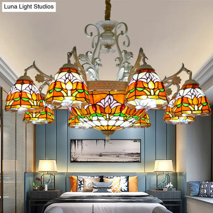 Mediterranean Stained Glass Dome Chandelier Pendant Light (9/11 Lights) in Distressed White
