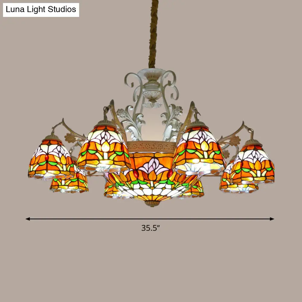 Mediterranean Stained Glass Dome Chandelier Pendant Light (9/11 Lights) in Distressed White