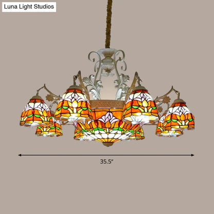Mediterranean Stained Glass Dome Chandelier Pendant Light (9/11 Lights) in Distressed White