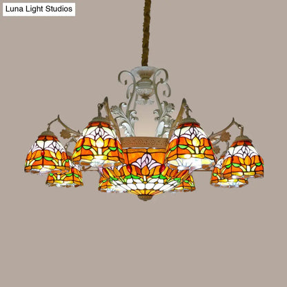 Mediterranean Stained Glass Dome Chandelier Pendant Light (9/11 Lights) in Distressed White