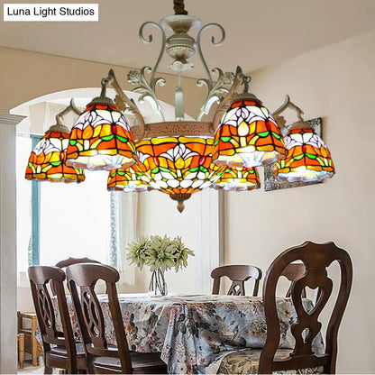 Mediterranean Stained Glass Dome Chandelier Pendant Light (9/11 Lights) in Distressed White